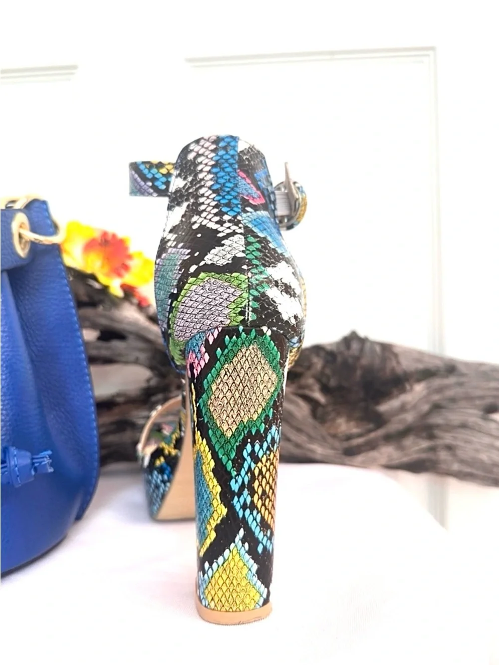 FASHION SHOE ~ Multi-Color Snakeskin Print Open Toe Platform Ankle-Strap Heels